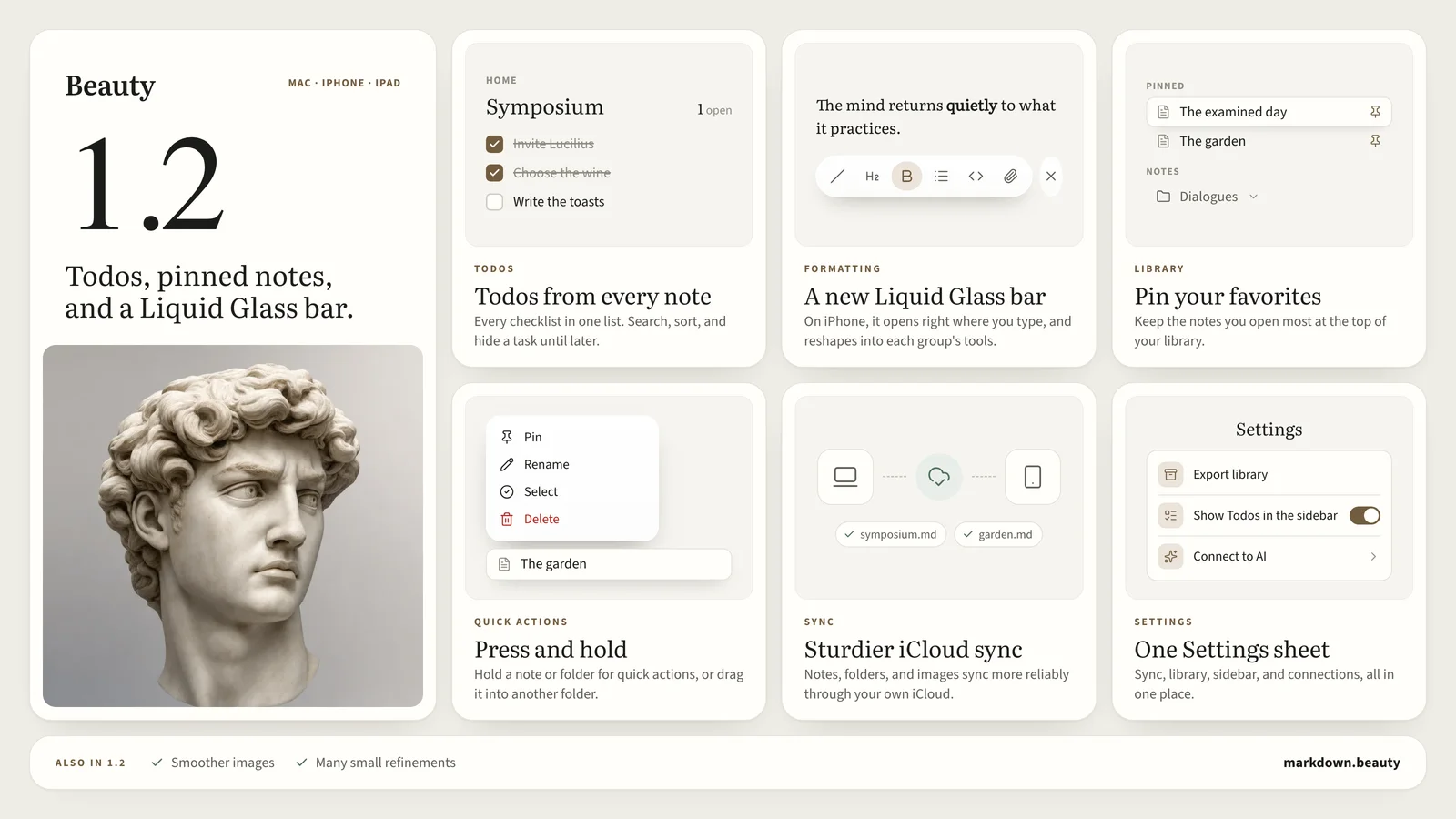 Beauty 1.2 at a glance: Todos from every note, a Liquid Glass formatting bar, pinned notes, press and hold for quick actions, sturdier iCloud sync, and one Settings sheet.