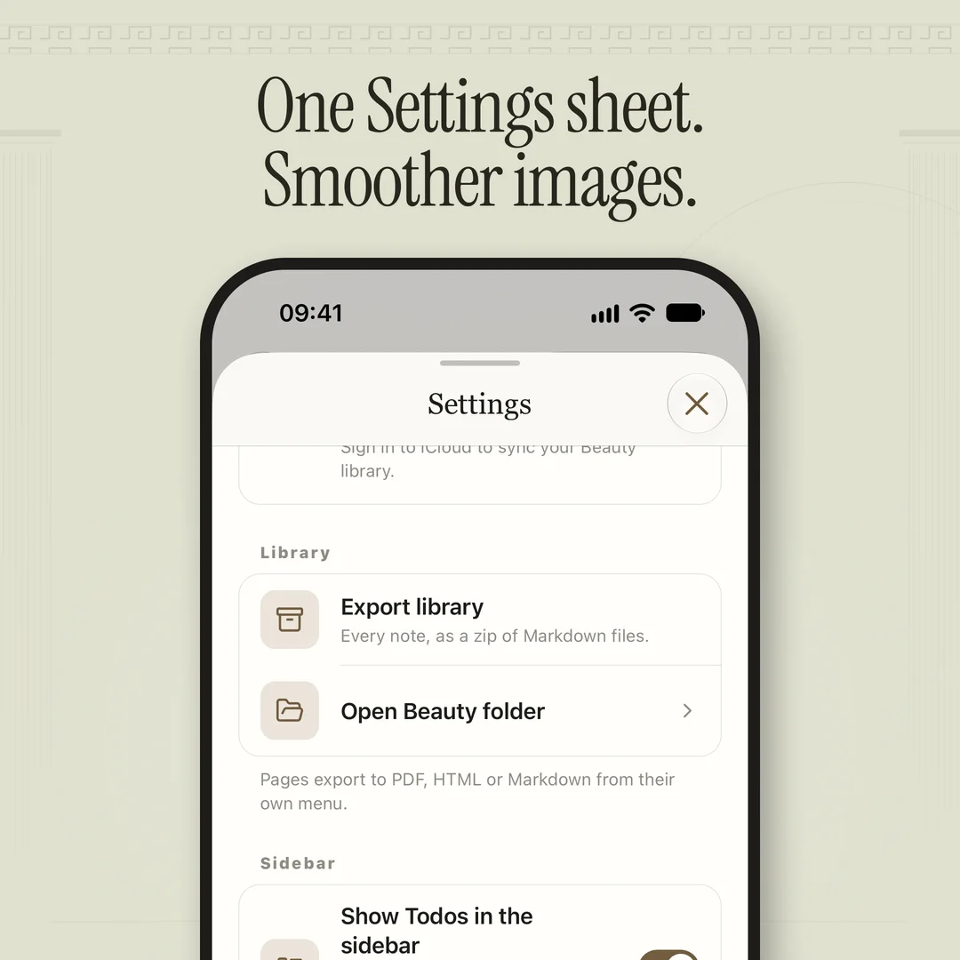 The one Settings sheet on iPhone, with library export, the Todos sidebar switch and more.
